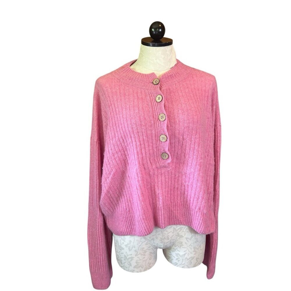 Free People Womens Long Sleeve Half Button Cashmere Sweater Pink Cropped L